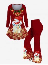Plus Size Christmas Ball Snowman Star Glitter Printed Raglan Sleeves T-shirt and Flare Pants Outfit -  