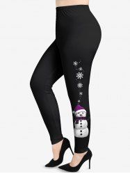 Legging de Noël Moulant Bonhomme de Neige et Flocon de Neige Imprimés de Grande Taille - Noir XS