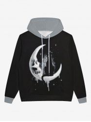 Gothic Skull Moon Star Galaxy Print Halloween Pocket Drawstring Fleece Lining Hoodie For Men -  