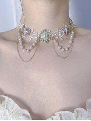 Faux Pearl Tassel Heart Shaped Gem Lace Choker Necklace -  