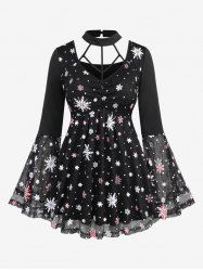 Plus Size Snowflake Print Mesh Hollow Out Panel Ruched Halter Flare Sleeves T-shirt -  