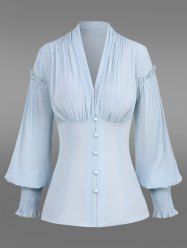 Gothic Balloon Sleeves Buttons Ruched Solid Shirt -  