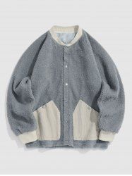 Corduroy Pocket Spliced Fluffy Teddy Jacket -  