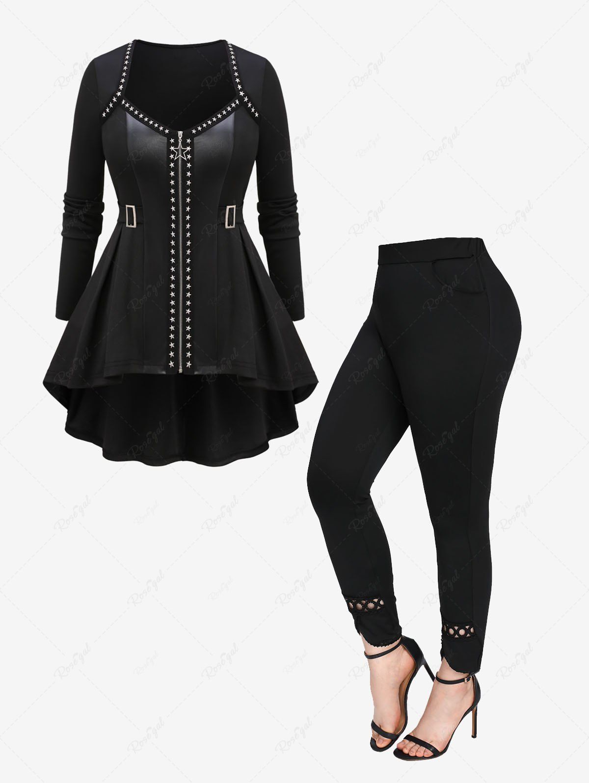 Chic Star Rivet Buckles Zipper PU Leather Patchwork Coat and Hollow Out Lace Trim Pockets Leggings Plus Size Outfit  