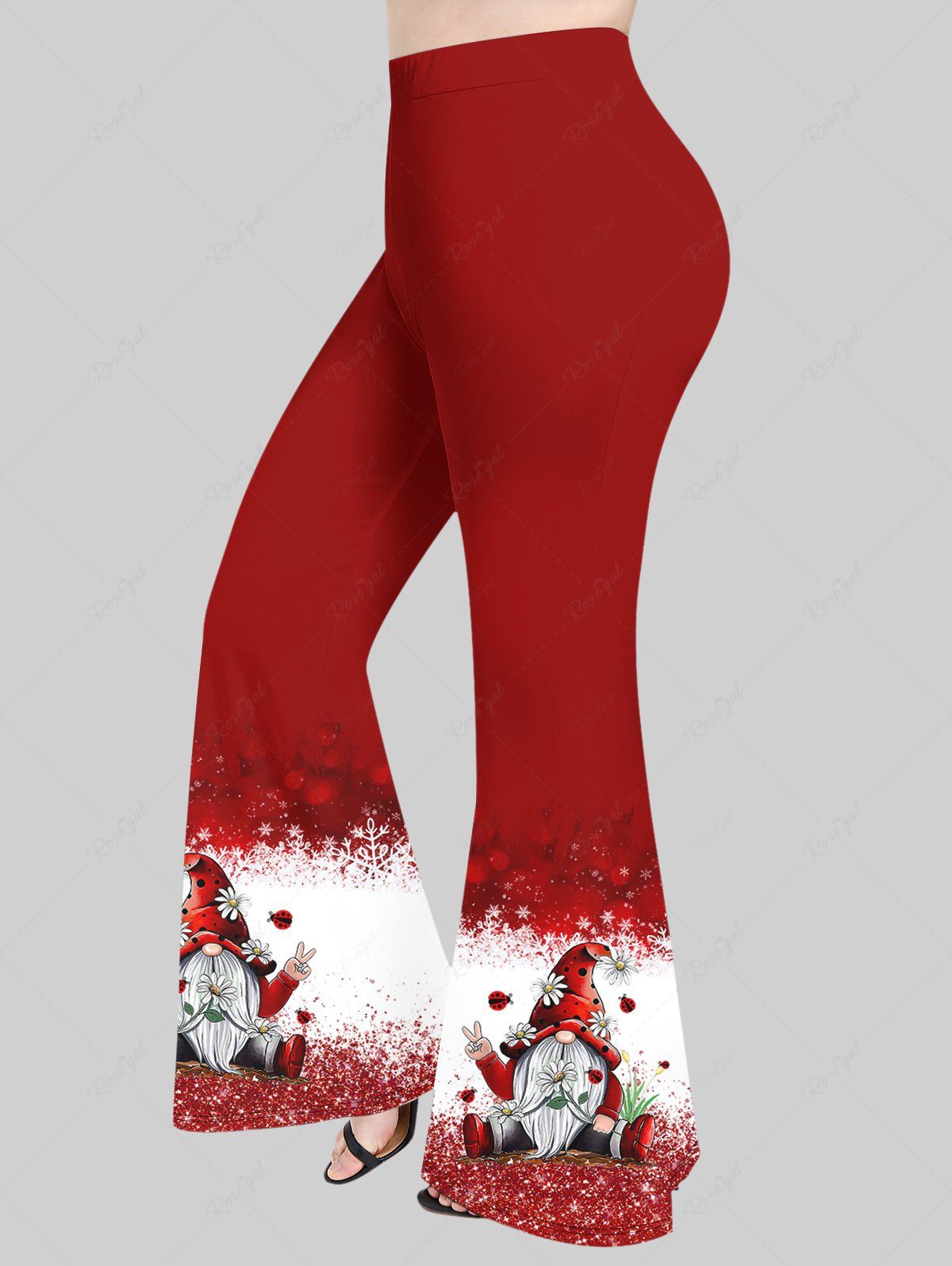 Trendy Plus Size Christmas Santa Claus Snowflake Flower Ladybug Sequin 3D Print Flare Pants  