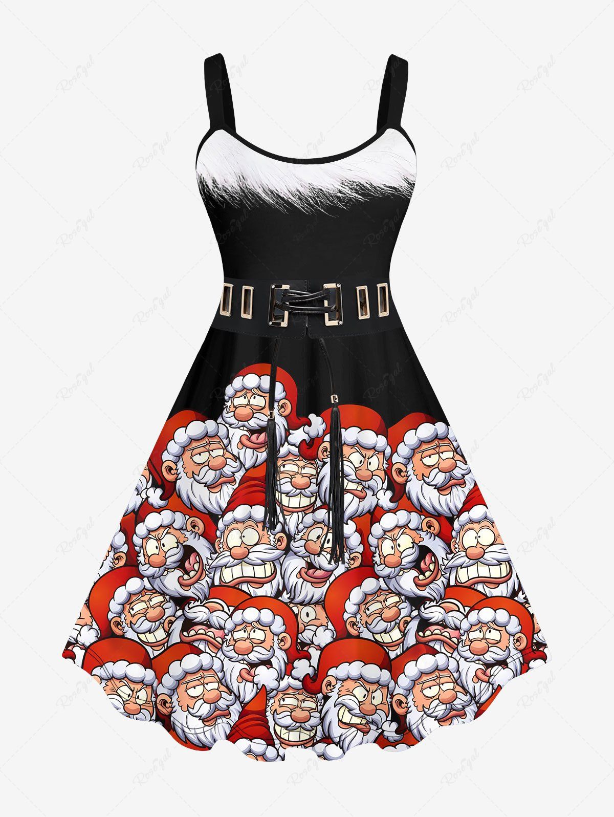 Chic Plus Size 3D Santa Claus Grommet Lace Up Tassel Fur Print Christmas Tank Dress  