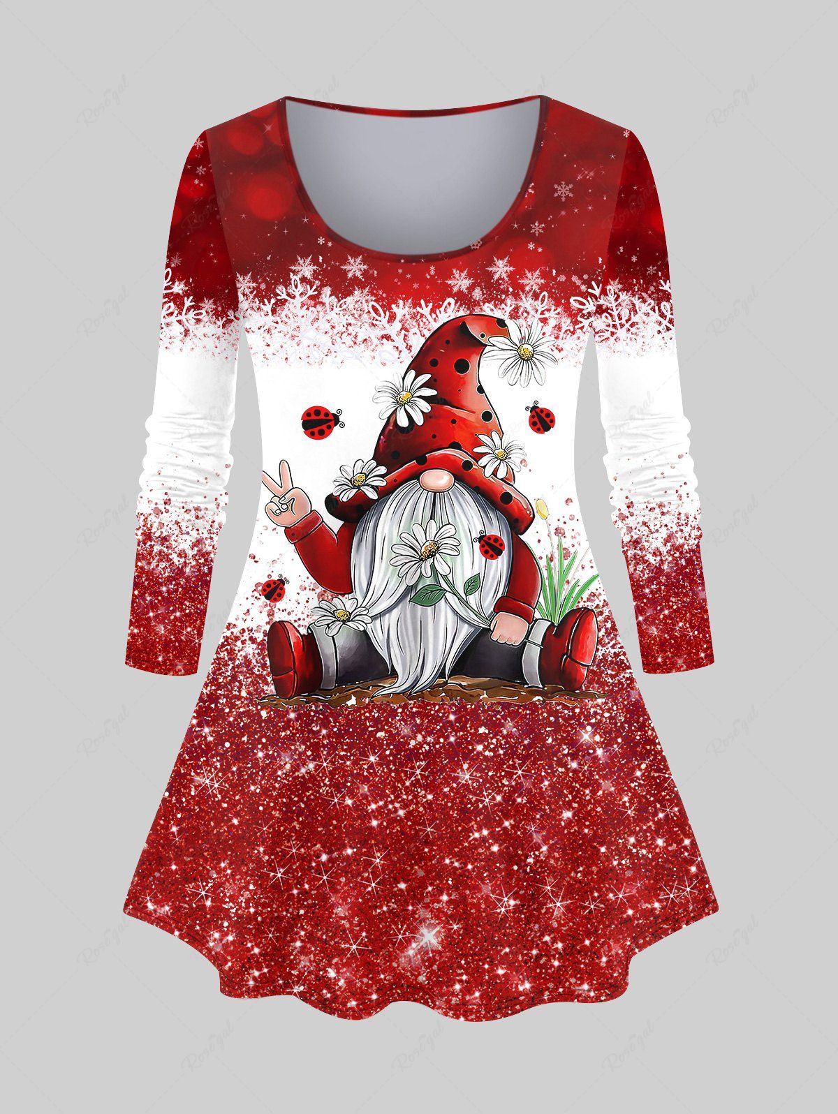 T-shirt Père Noël Flocon de Neige et Fleur Imprimés de Grande Taille avec Paillette Rouge 5X