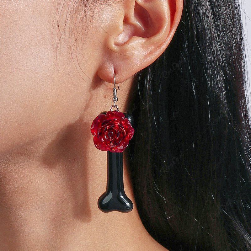 Boucles D'Oreilles Pendantes en Forme D'Os de Fleur Noir 