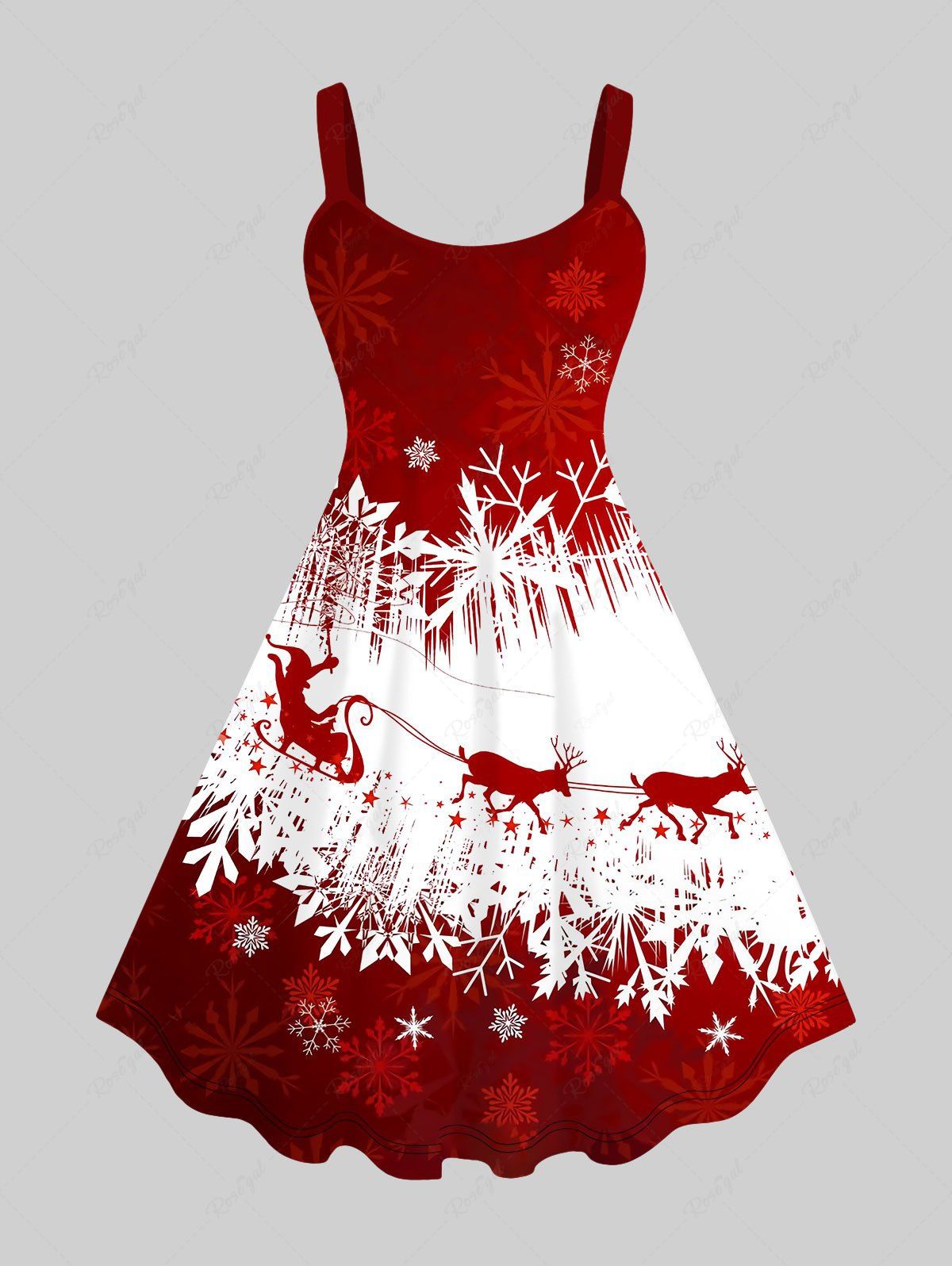 Plus Size Elk Snowflake Star Print Christmas Ombre Tank Dress Rouge M