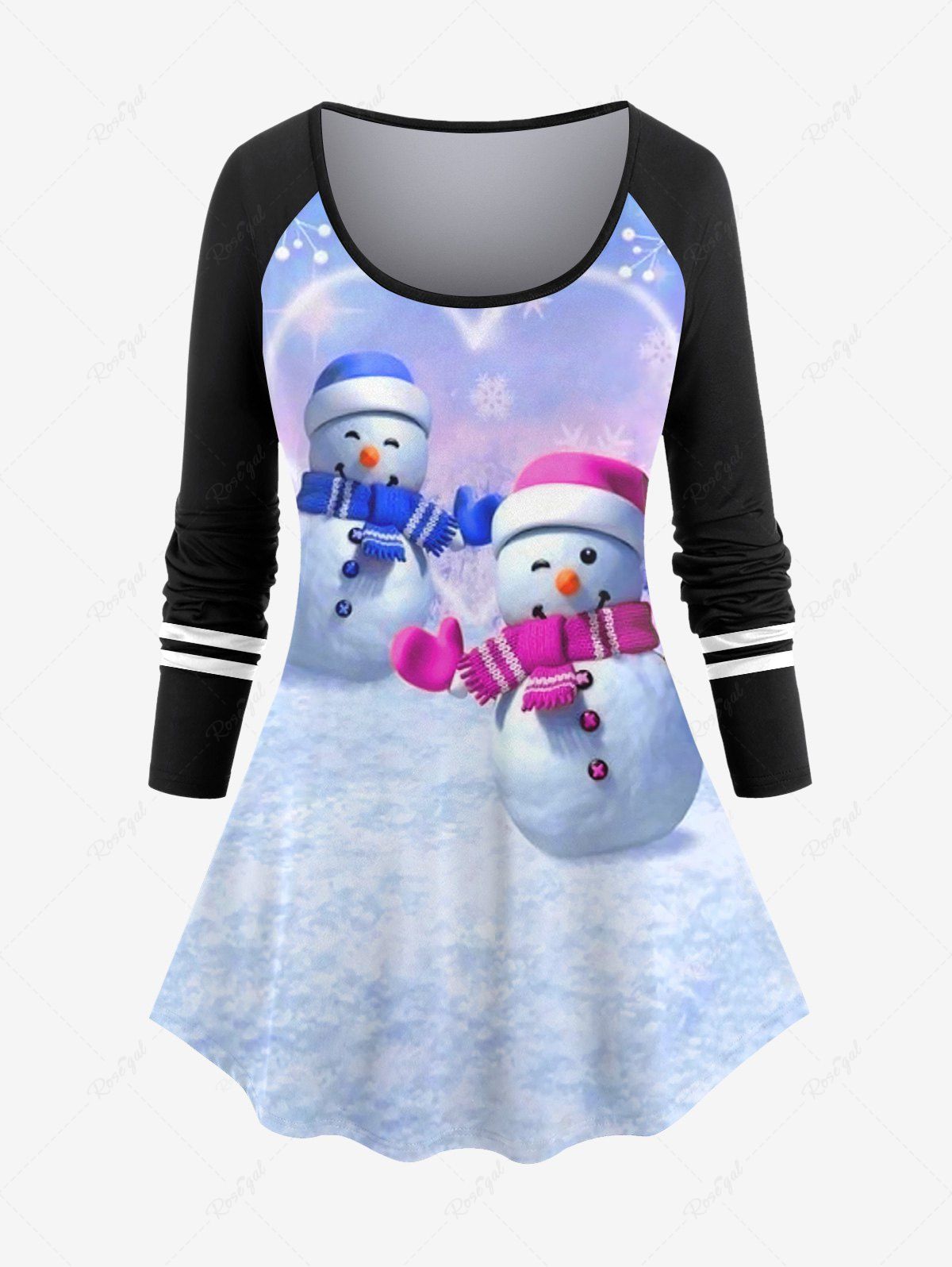 Fancy Plus Size 3D Glitter Snowflake Snowman Print Striped Raglan Sleeves Christmas T-shirt  