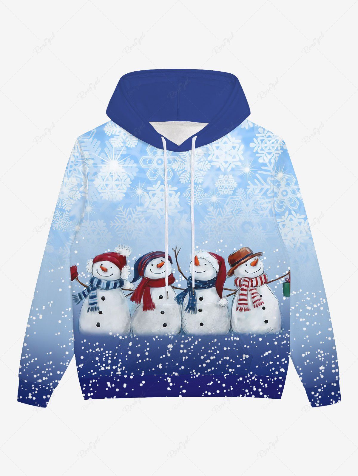 Trendy Gothic Glitter Snowflake Snowman Print Pocket Ombre Drawstring Christmas Fleece Lining Hoodie For Men  