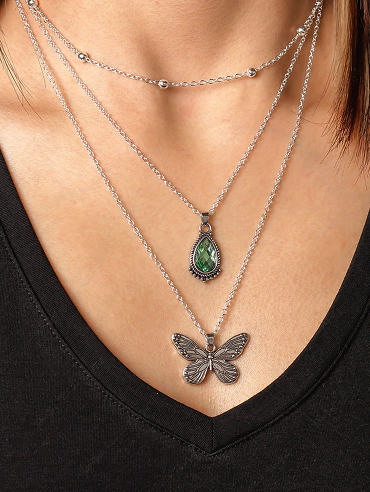 Online Water Drop Butterfly Shaped Layered Zircon Pendant Necklace  