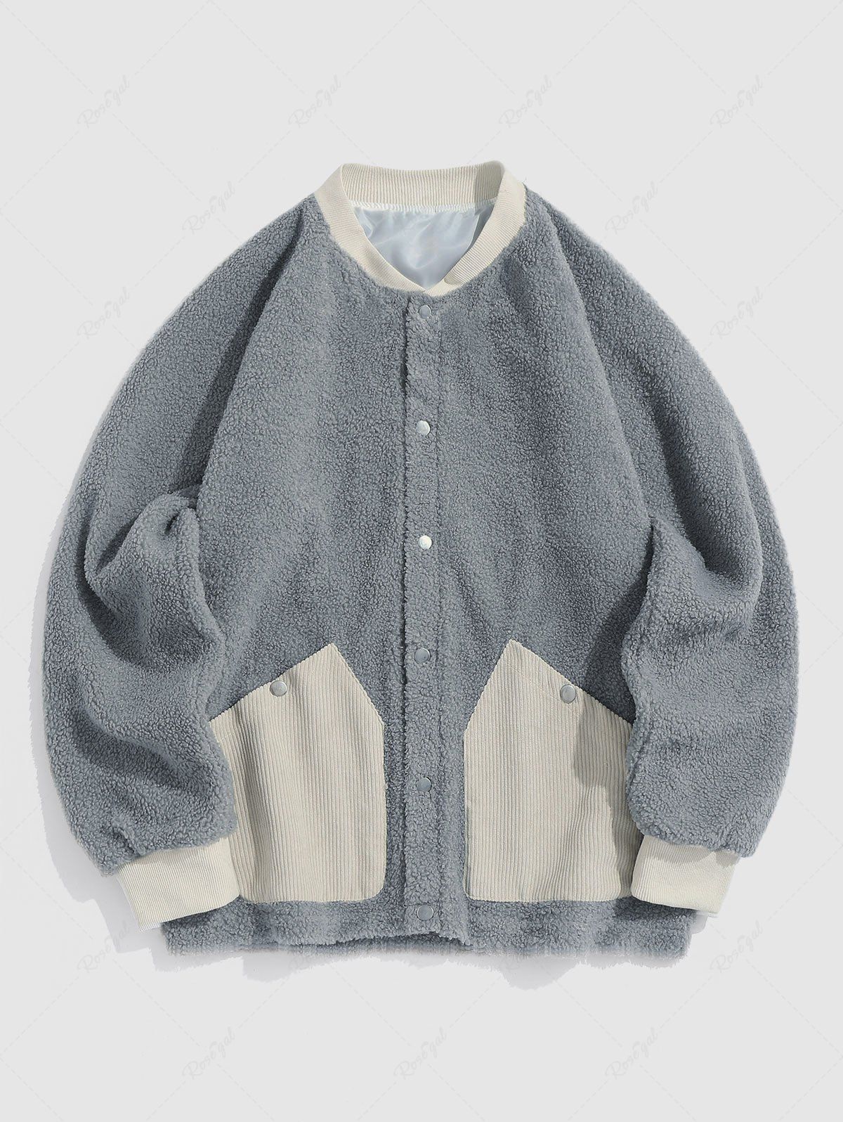 Chic Corduroy Pocket Spliced Fluffy Teddy Jacket  