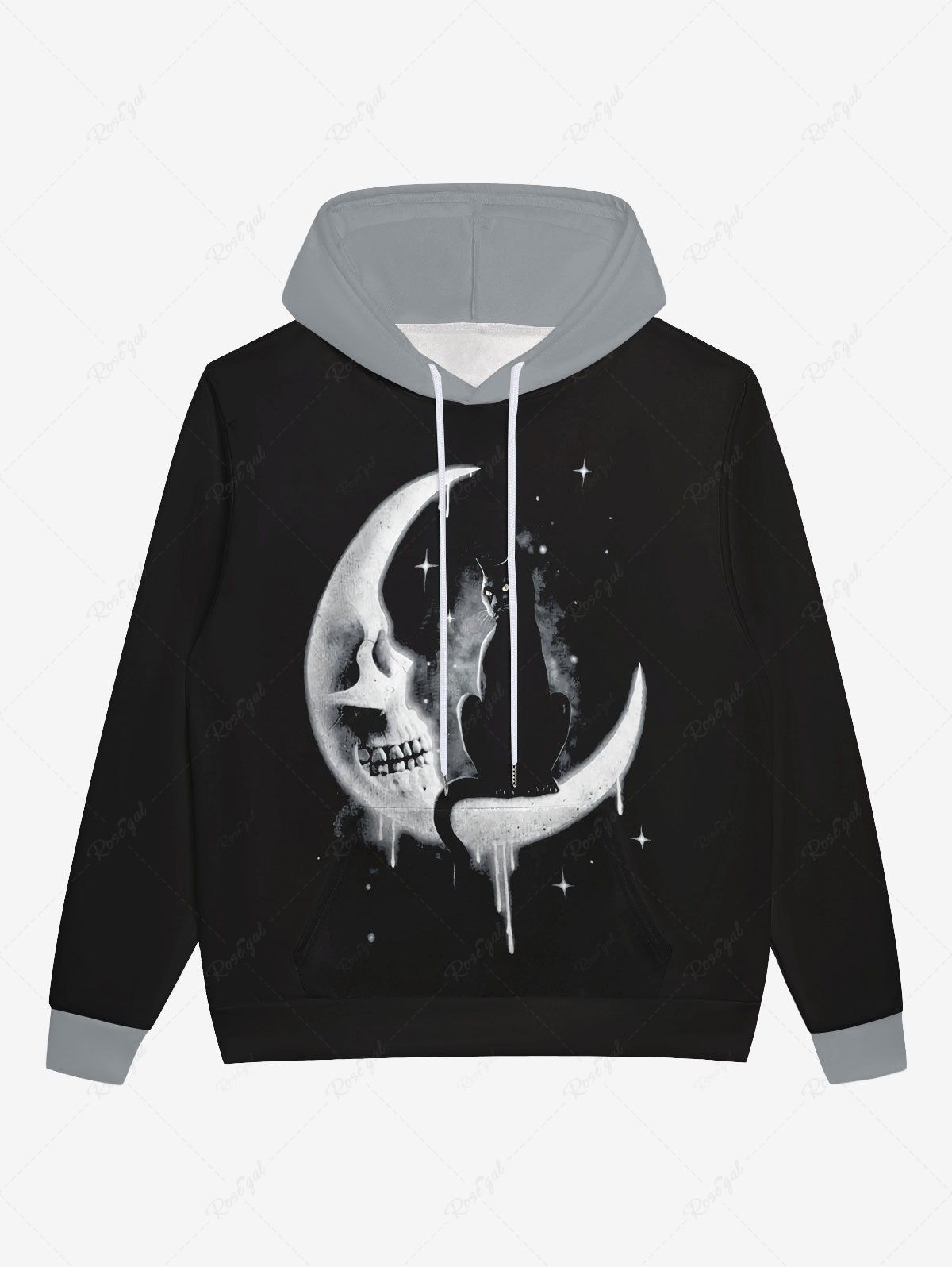 Chic Gothic Skull Moon Star Galaxy Print Halloween Pocket Drawstring Fleece Lining Hoodie For Men  