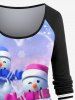 Plus Size 3D Glitter Snowflake Snowman Print Striped Raglan Sleeves Christmas T-shirt -  
