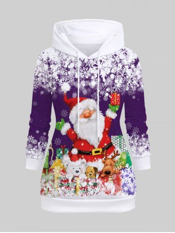 Sweat-Shirt à Capuche avec Cordon de Serrage à Imprimé Élans Flocons de Neige et Père Noël Grande-Taille