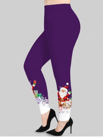 Plus Size Christmas Santa Claus Bear Dog Elk Snowflake Colorblock Print Leggings - PURPLE - 2X