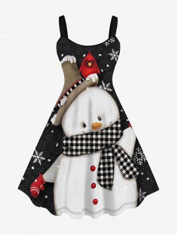 Plus Size Christmas Snowman Snowflake Bird Print Tank Dress - BLACK - S