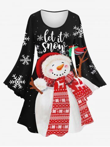 Robe à Manches Évasées avec Imprimé Bonhomme de Neige Sapins et Flocons de Neige de Noël Grande-Taille - BLACK - XS