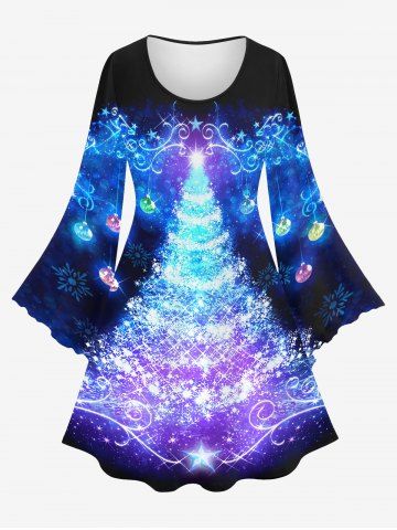 Plus Size Christmas Tree Ball Star Glitter 3D Print Flare Sleeves Party Dress - BLUE - 1X