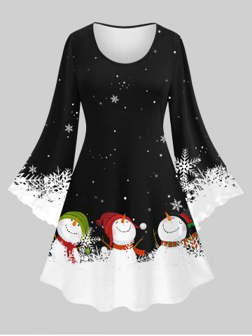Christmas Plus Size Snowflake Snowman Printed Flare Sleeves A Line Dress - BLACK - S