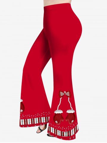 Plus Size Bowknot Christmas Gloves Striped Stars Print Flare Pants - RED - M