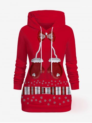 Christmas Plus Size Bowknot Gloves Striped Stars Buckle Print Kangaroo Pocket Hoodie
