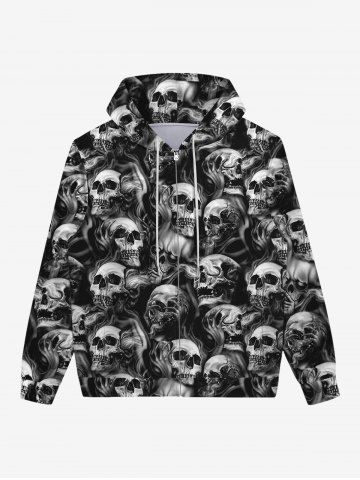 Gothic Halloween Skulls Print Fleece Lining Zipper Drawstring Hoodie For Men - BLACK - 2XL