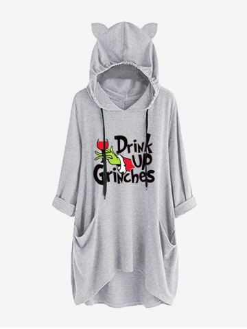 Plus Size Roll Tab Sleeves Christmas Hat Monster Grinch Letter Printed Pockets Drawstring High Low Pullover Hoodie - GRAY - L