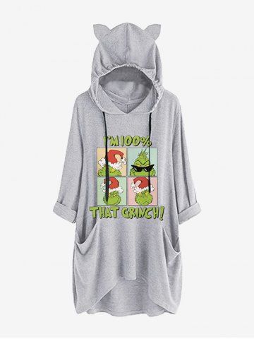 Plus Size Roll Tab Sleeves Christmas Hat Monster Grinch Letter Printed Pockets Drawstring High Low Pullover Hoodie - LIGHT GRAY - L