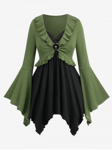 Plus Size Flare Sleeves O-Ring Buckle Ruffles Ruched Handkerchief 2 in 1 T-shirt - GREEN - M | US 10
