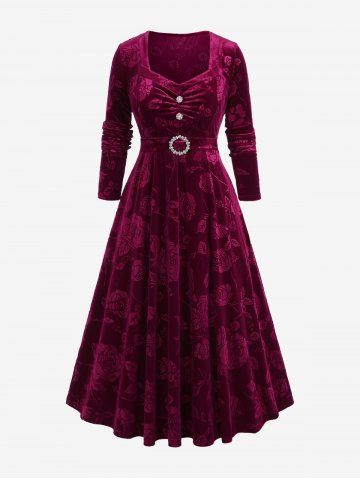 Robe Fleurie Boucl e Grande Taille Avec Strass En Velours En Rouge