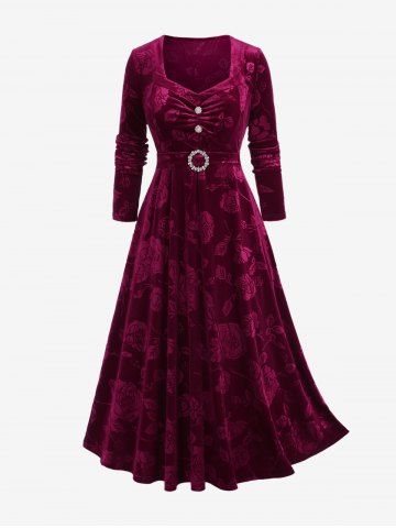 Plus Size Rhinestones Buckle Ruched Floral Velvet Dress - DEEP RED - 4X | US 26-28