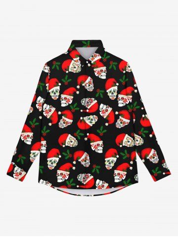 Gothic Christmas Hat Skull Print Buttons Shirt For Men - BLACK - L