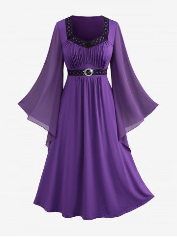 Plus Size Bell Sleeves Ruched Braided Buckle Belted A Line Midi Dress - PURPLE - L | US 12