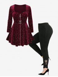 Plus Size Star Silver Stamping Buckle Zipper Velvet T-shirt and Pentagram Tassel Twist Leggings Outfit 