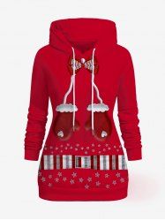Christmas Plus Size Bowknot Gloves Striped Stars Buckle Print Kangaroo Pocket Hoodie -  