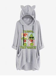 Plus Size Roll Tab Sleeves Christmas Hat Monster Grinch Letter Printed Pockets Drawstring High Low Pullover Hoodie -  