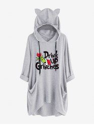 Plus Size Roll Tab Sleeves Christmas Hat Monster Grinch Letter Printed Pockets Drawstring High Low Pullover Hoodie -  