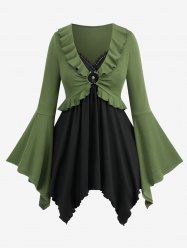Plus Size Flare Sleeves O-Ring Buckle Ruffles Ruched Handkerchief 2 in 1 T-shirt - L | Us 12 