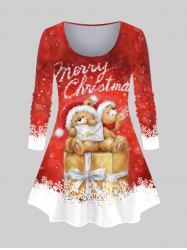 T-shirt imprimé colorblock grande taille avec chapeau de Noël, ours et flocons de neige - Rouge 3X