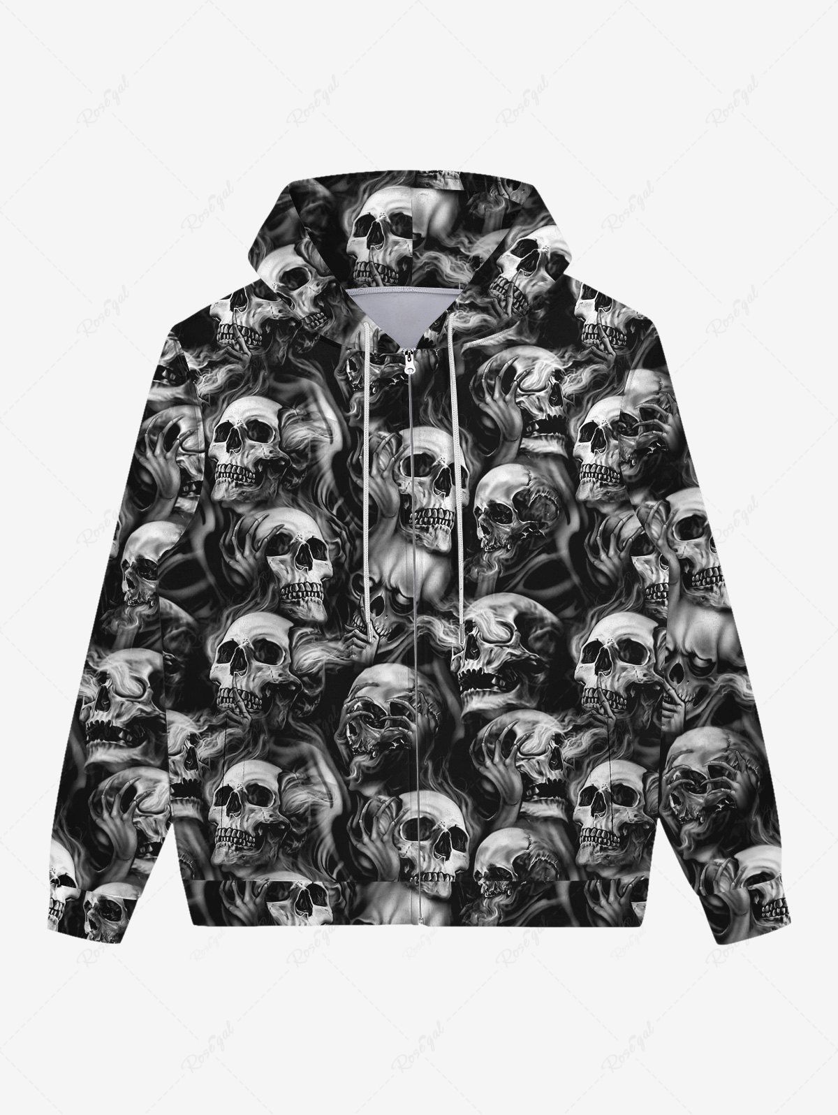 Shops Gothic Halloween Skulls Print Fleece Lining Zipper Drawstring Hoodie For Men  