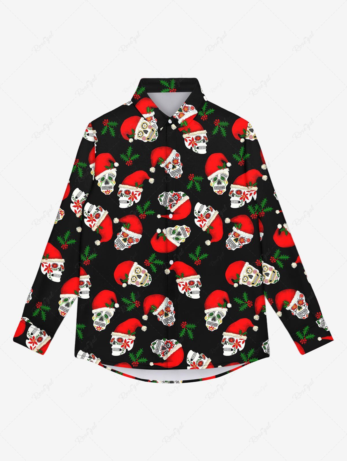 Store Gothic Christmas Hat Skull Print Buttons Shirt For Men  
