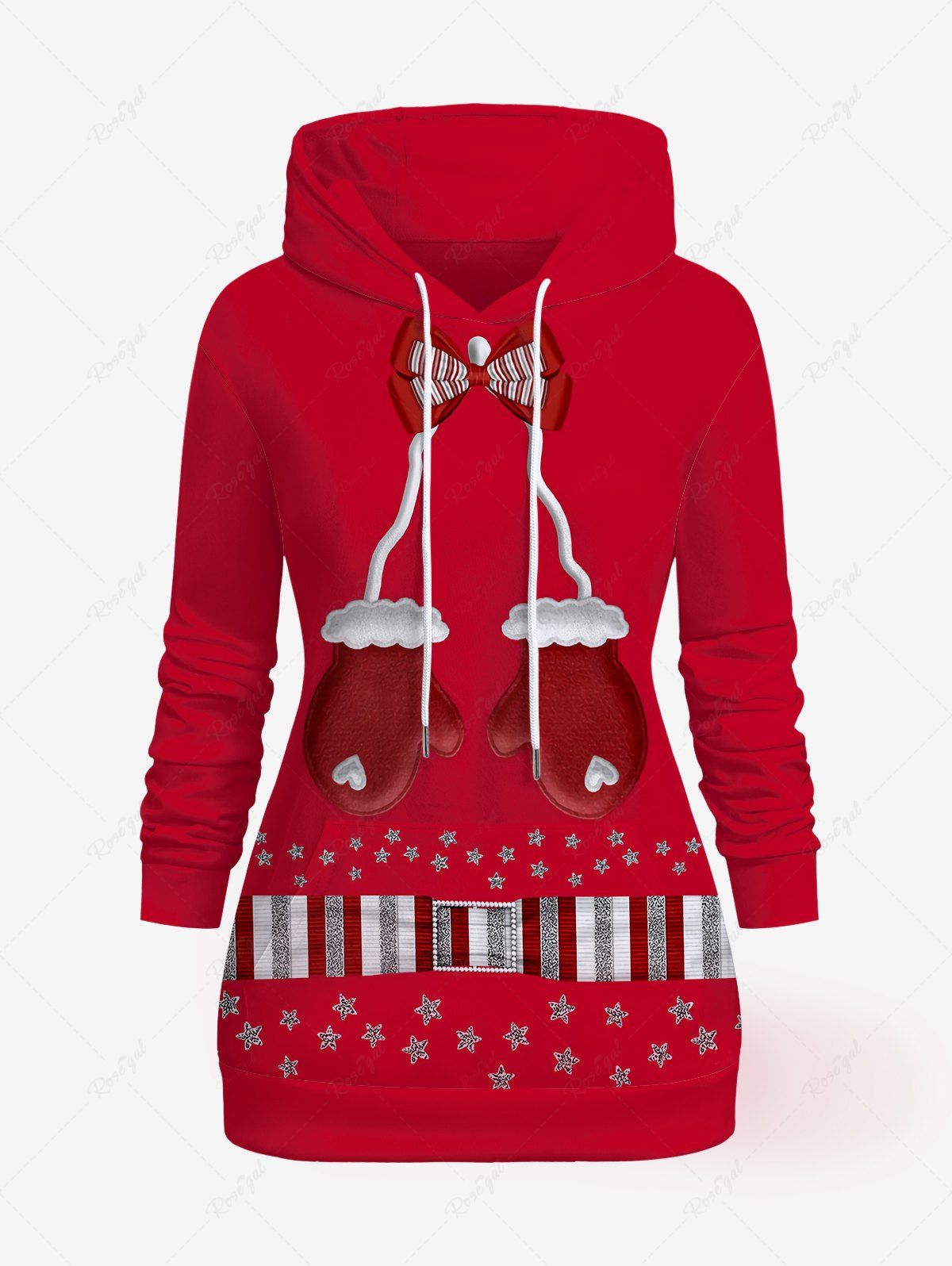 Shops Christmas Plus Size Bowknot Gloves Striped Stars Buckle Print Kangaroo Pocket Hoodie  