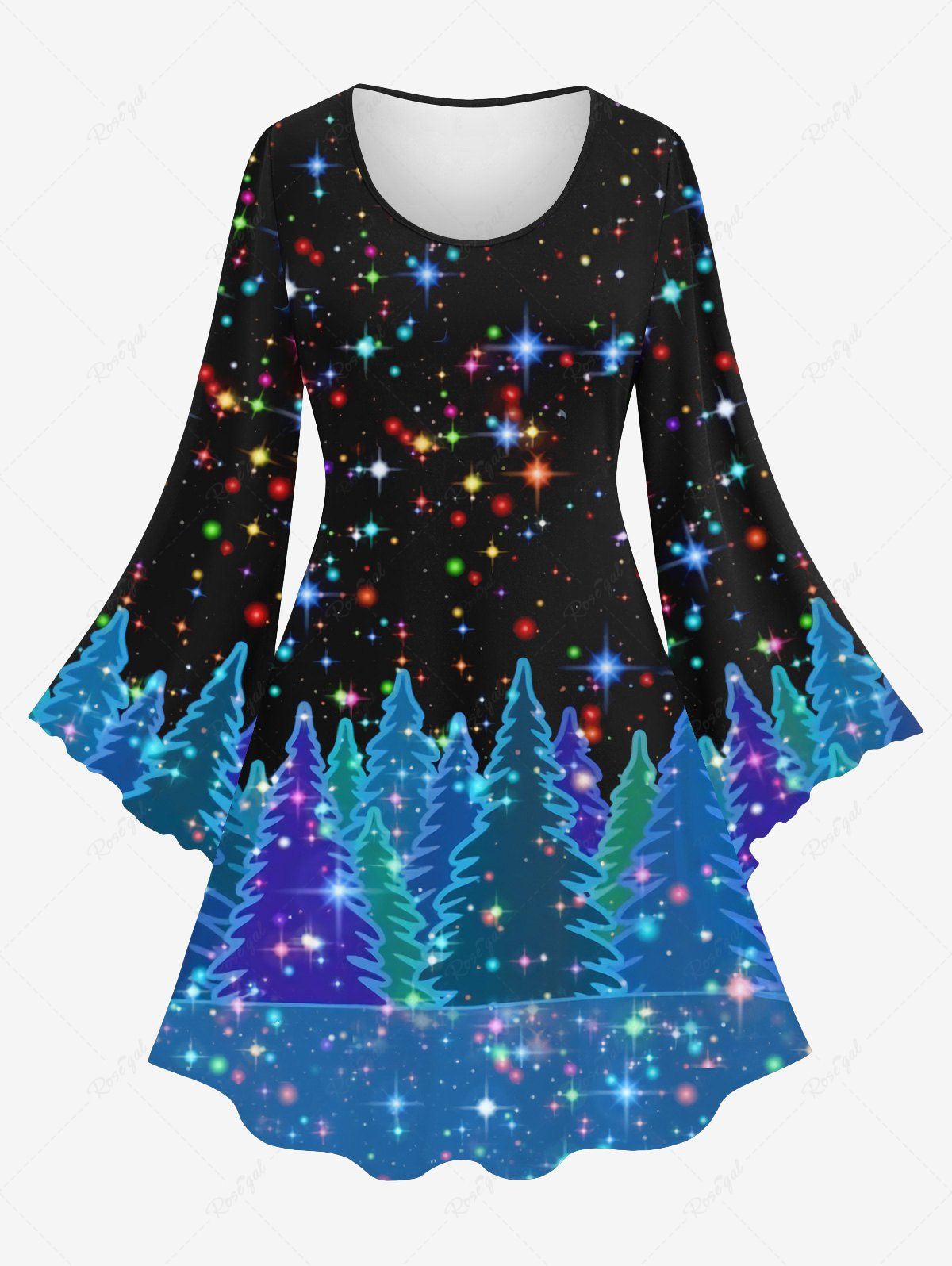 Discount Plus Size Sparkling Glitter Light Christmas Tree Printed A Line Dress  