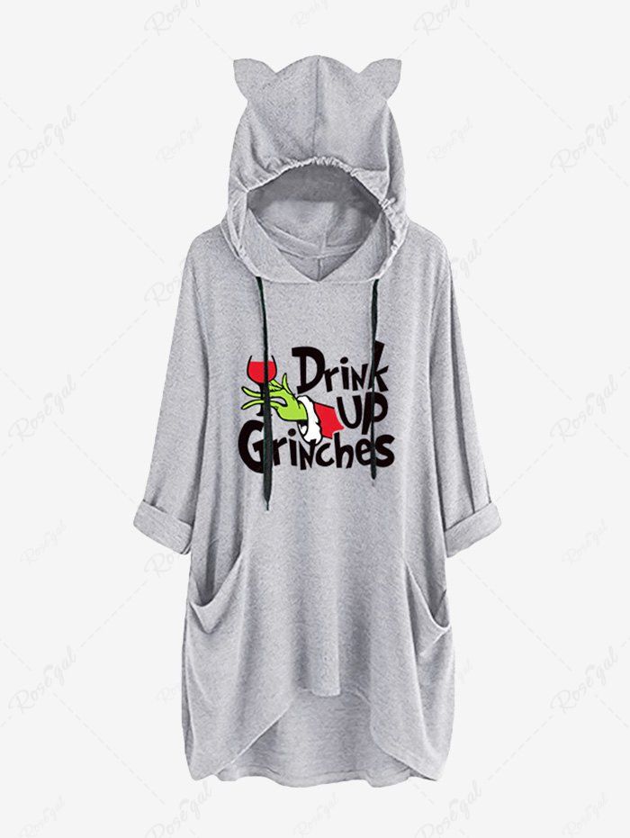 Store Plus Size Roll Tab Sleeves Christmas Hat Monster Grinch Letter Printed Pockets Drawstring High Low Pullover Hoodie  