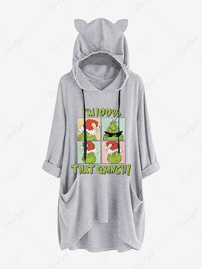 Sale Plus Size Roll Tab Sleeves Christmas Hat Monster Grinch Letter Printed Pockets Drawstring High Low Pullover Hoodie  