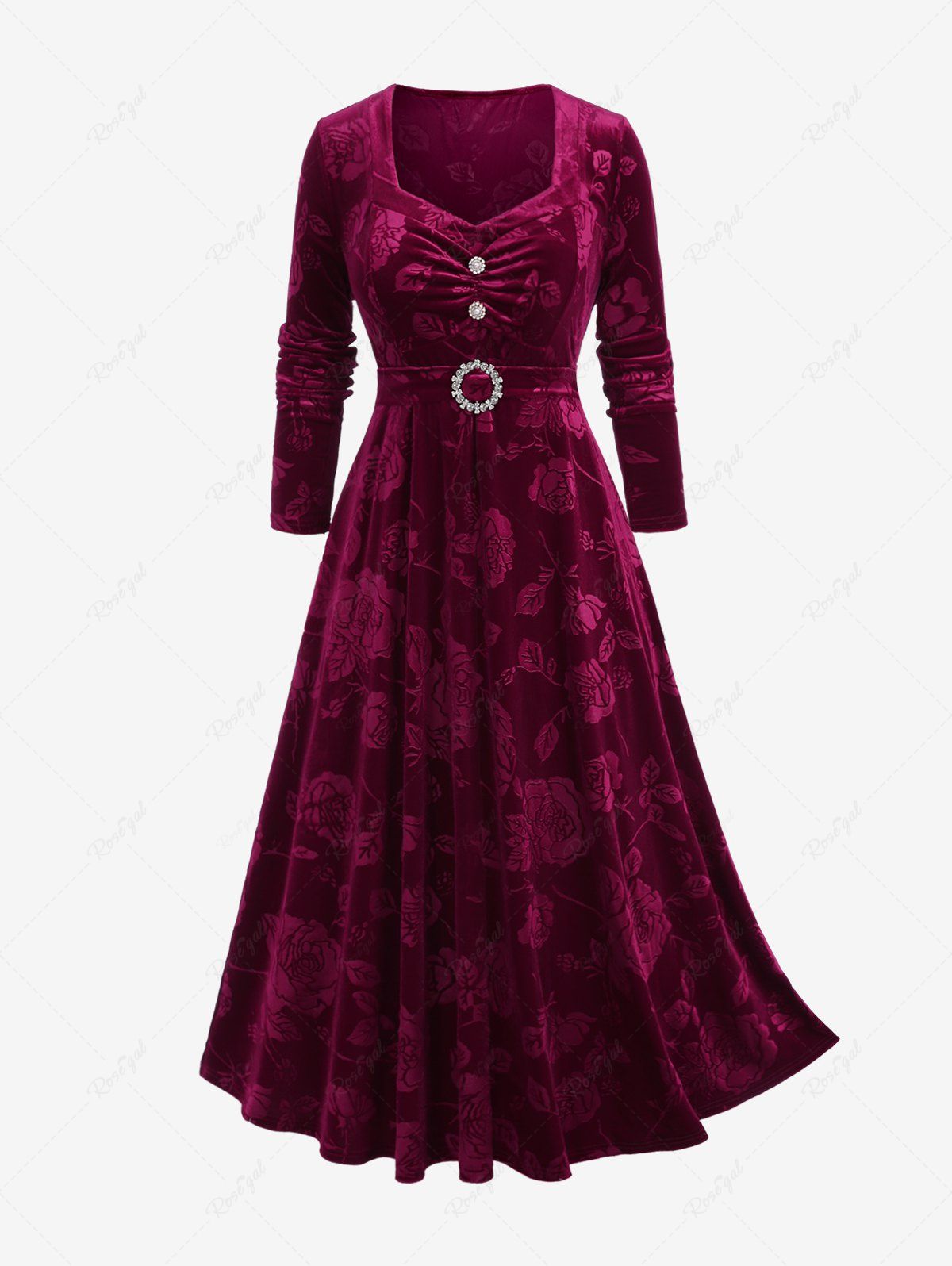 Affordable Plus Size Rhinestones Buckle Ruched Floral Velvet Dress  