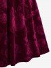 Robe Fleurie Bouclée Grande Taille avec Strass en Velours - Rouge foncé L | US 12