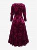 Plus Size Rhinestones Buckle Ruched Floral Velvet Dress -  